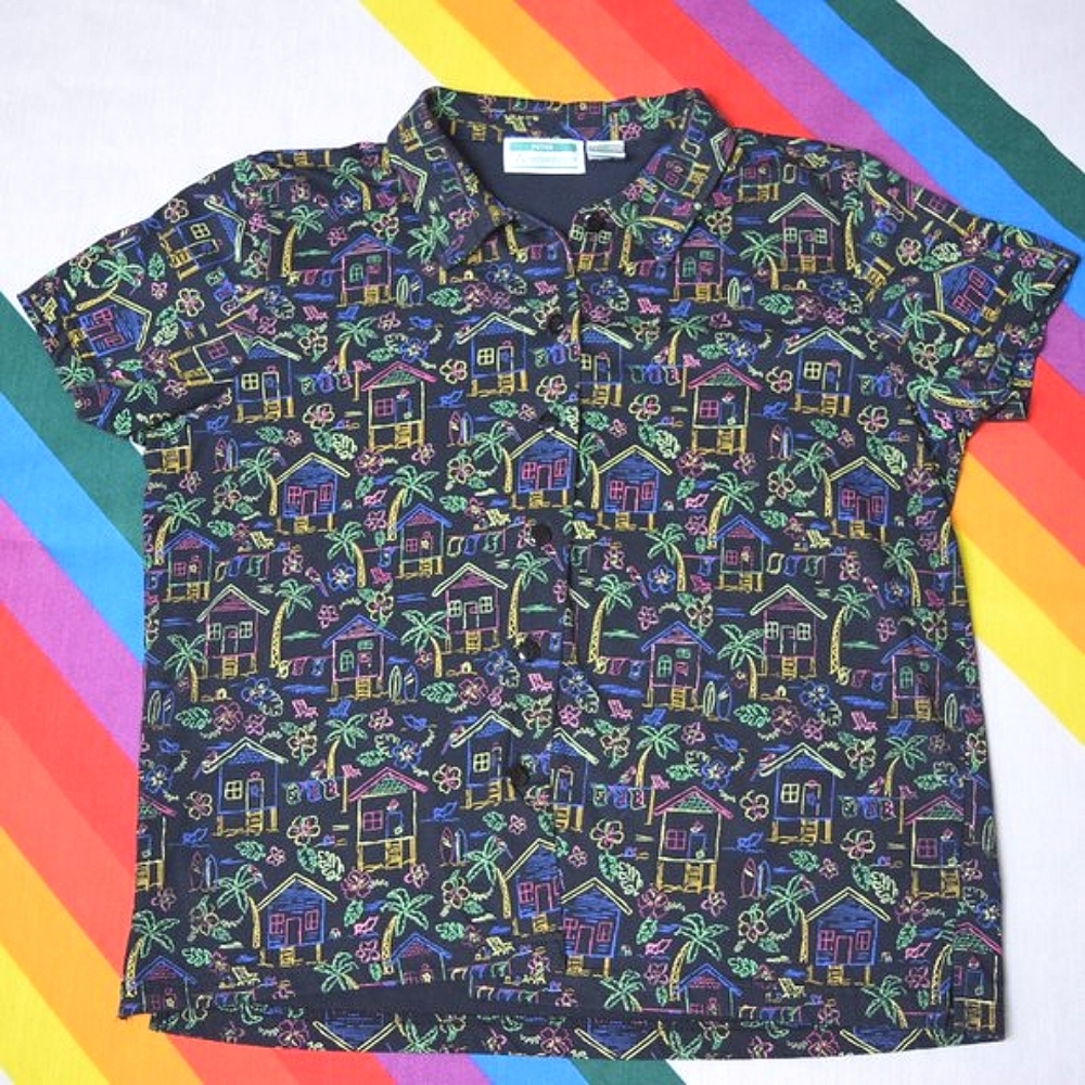 80/90s Black Tropical Button-up by Petite Shenanigans
